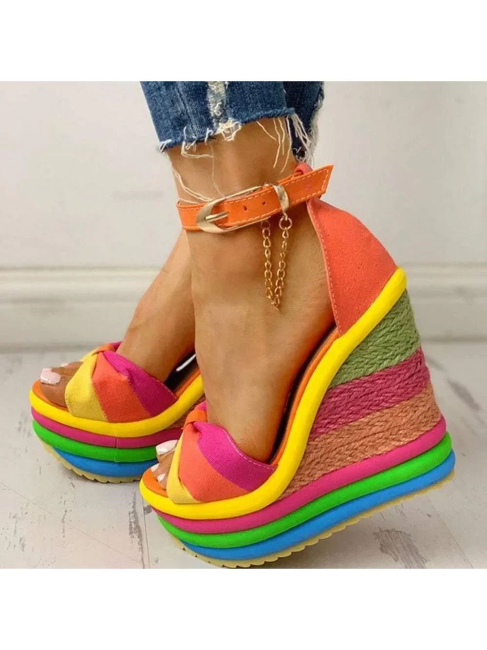 Stylish Gladiator Ankle Strap High Heel Platform Wedge Sandals - Rainbow Colors